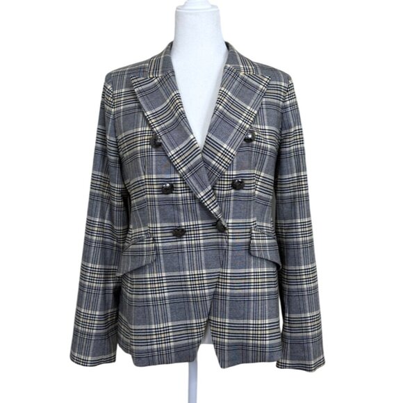 Banana Republic Double-Breast Plaid Blazer Cadet Jacket Gray Yellow Womens Sz 10 - Picture 1 of 8